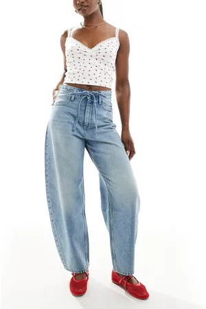 Bershka Tie front barrell leg jeans in mid wash