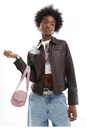 Urban Code Wash effect leather fitted jacket in burgundy