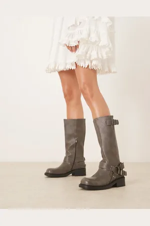 Glamorous Harness biker knee boots in washed