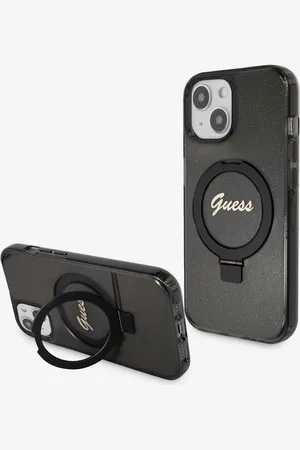 Guess IML Ring Stand Glitter MagSafe Zadní Kryt pro iPhone 15 Black Phone case