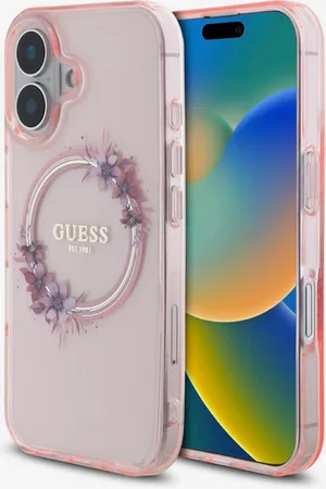 Guess IML Flowers Ring MagSafe Zadní Kryt pro iPhone 16 Pink Phone case