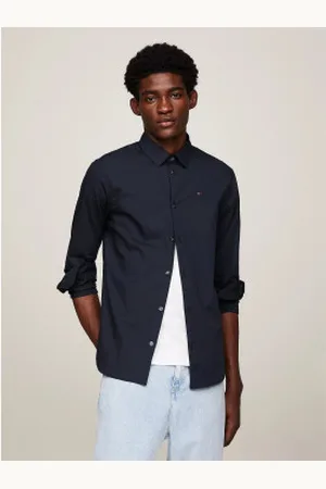 Tommy Hilfiger Para homem. DM0DM04405 Camisa Poplin Original Esticada preta (XXL), , Casual, Algodão, Manga comprida