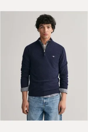 GANT Para homem. 87213 Camisola de lã de ovelha muito fina com meio fecho de correr azul-marinho (S), Casual, Algodão