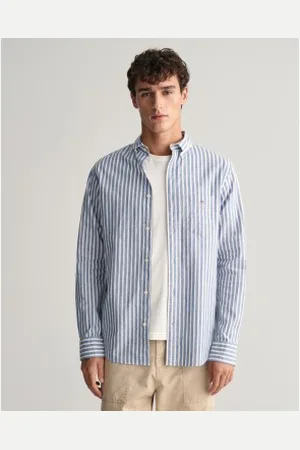 GANT Para homem. 3240060 Camisa às riscas azuis em linho e algodão de corte regular (M), , Casual, Manga comprida