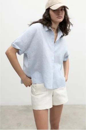 ECOALF Para mulher. GASRMELNA0371WS23-150 Melaniaalf Stripes camisa (S), Casual, Linho, Manga curta, Sustentável