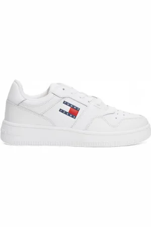 Tommy Hilfiger Para mulher. EN0EN02505 Sapatilhas de couro Retro Basket brancas (40), Branco, Plano, Cordão, Casual, Esportivo