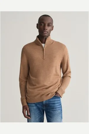 GANT Para homem. 8050206 Camisola de lã merino extrafina com meio fecho de correr (L), Marrom, Casual