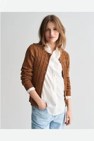 GANT Para mulher. 4800103 Casaco de malha com nervuras castanho em algodão Algodão elástico (L), , Casual