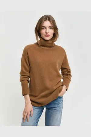 GANT Para mulher. 4805269 Camisola em espinha de peixe com pormenor de pescoço de ganso (M), Marrom, Casual, Lã, Clássico