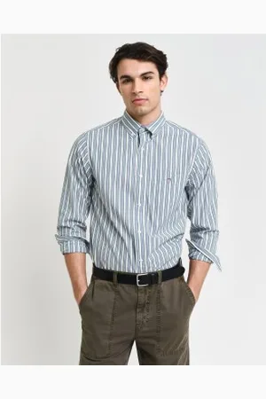 GANT Para homem. 3240168 Camisa de popelina às riscas verdes de corte regular (L), Casual, Algodão, Manga comprida