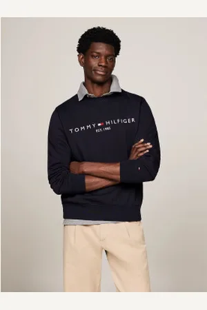 Tommy Hilfiger Para homem. MW0MW11596 Camisola de gola redonda com logótipo bordado em azul-marinho (M), Casual, Manga comprida, Algodão org