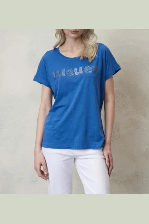 Blauer Para mulher. 24SBLDH02336 T-shirt azul com brilhantes (L), Casual, Algodão, Manga curta