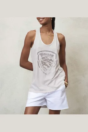 Blauer Para mulher. 24SBLDH03337 T-shirt com decote americano branco (XS), Casual, Algodão, Sem mangas / correias