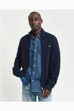 GANT Para homem. 8030215 Casaco de algodão texturizado com fecho de correr azul-marinho (L), Casual, Algodão orgânico, Sustentável