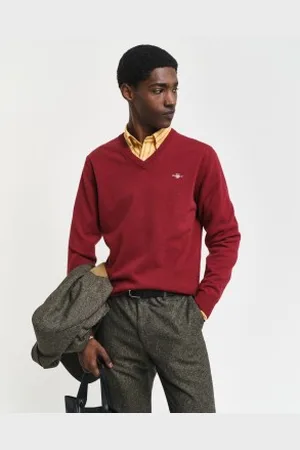 GANT Para homem. 87212 Camisola com gola em V em lã de ovelha muito fina cor de (L), Casual, Borgonha