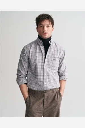 GANT Para homem. 3240219 Regular Fit Jaspé Plaid Tattersall Camisa cinzenta (L), Casual, , Algodão, Manga comprida
