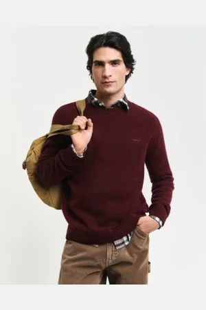 GANT Para homem. 8050226 Camisola com gola redonda em mistura de lã cor de (L), Casual, Borgonha