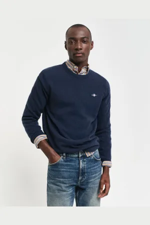 GANT Para homem. 8050283 Camisola com gola redonda em lã de cordeiro extrafina azul-marinho (L), Casual