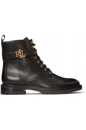 Ralph Lauren Para mulher. 802838413001 Eldridge bota de couro preto polido (36), Plano, Cordão, Casual