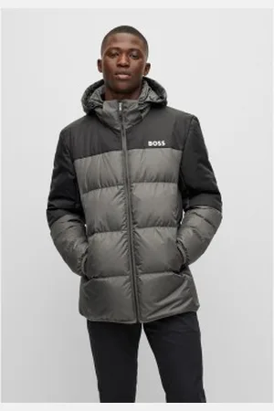 HUGO BOSS Para homem. 50476274 Casaco de penas com logótipo cinzento (L), Casual, , Impermeável, Manga comprida, Polister Reciclado, Sustent