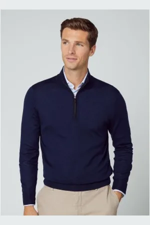 Hackett Para homem. HM703033 Camisola com fecho de correr em seda Merino azul-marinho (L), Casual, Lã, Manga comprida