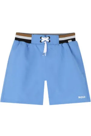 HUGO BOSS Unisex para criança. J51969 Calções de surf com rebordo às riscas azuis (4Años= 102cm), , Beachwear, Poliéster, moda infantil