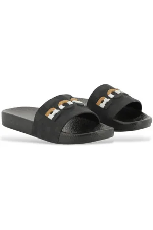 HUGO BOSS Unisex para criança. J52269 Chinelos pretos com logótipo em relevo (28), Plano, Nenhum, Beachwear, moda infantil