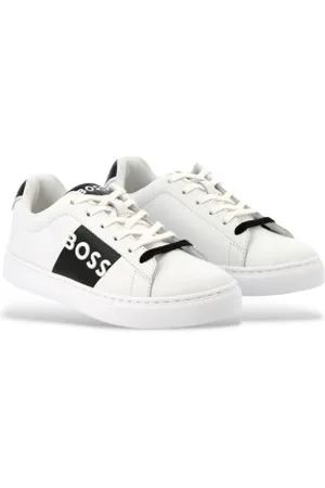 HUGO BOSS Unisex para criança. J51650 Sapatilhas de couro brancas com logótipo em relevo (27), Branco, Plano, Cordão, Casual, moda infantil