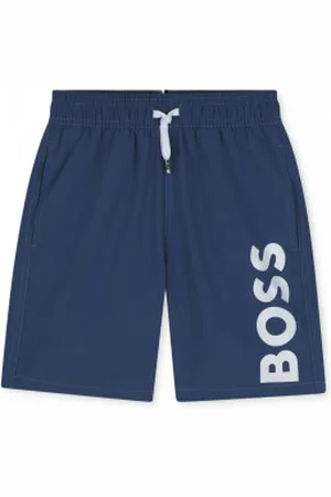 HUGO BOSS Unisex para criança. J51973 Calções de surf com impressão do logótipo em azul-marinho (4Años= 102cm), Beachwear, Poliéster, moda infant