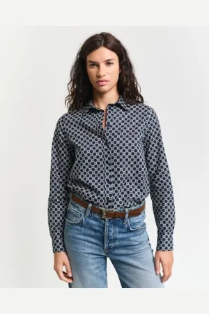 GANT Para mulher. 4300435 Camisa de chiffon de algodão de corte regular com estampado geométrico em azul-marinho (34), Casual, Manga comprid