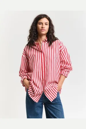 GANT Para mulher. 4300430 Camisa clássica de popelina às riscas de tamanho grande vermelha (34), , Casual, Algodão, Manga comprida