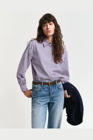 GANT Para mulher. 4300432 Camisa às riscas com mangas volumosas Ajuste descontraído branco, azul (36), Casual, Algodão, Manga comprida