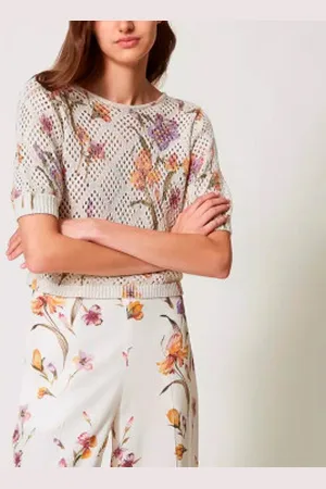 Twin-Set Para mulher. 251TP3630 Pulôver de malha com estampado floral multicolorido (L), Casual, Algodão