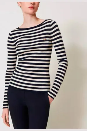 Twin-Set Para mulher. 251TP3471 Camisola de manga comprida às riscas pretas (S), Preto, Casual, Viscoso