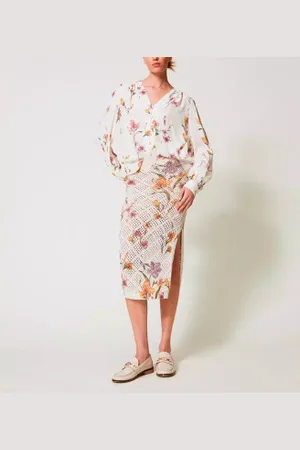 Twin-Set Para mulher. 251TP3631 Saia de malha com estampado floral multicolorido (S), Casual, Algodão