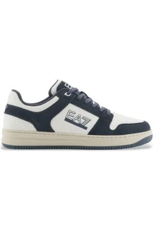 EA7 Unisex. X8X195_XK409 Ténis de couro branco e azul-marinho (44 2/3), Plano, Cordão, Casual, Esportivo, Multisport