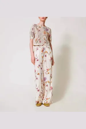 Twin-Set Para mulher. 251TP2776 Calças cargo em crepe de chine com flores e cintura elástica bege (40), Casual, Multicolor, Viscoso, Floral