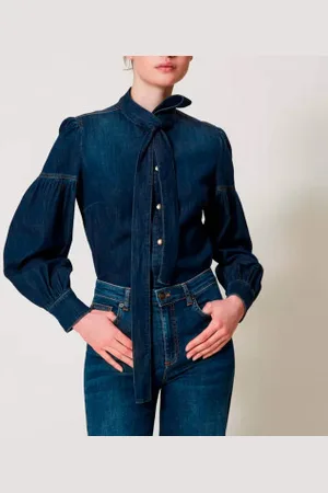 Twin-Set Para mulher. 251TP2021 Camisa de ganga com laço de gatinho azul-marinho (40), Casual, Denim