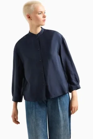Armani Exchange Para mulher. XW000454AF12747UB100 Camisa coreana de colarinho azul-marinho (L), Casual, Viscoso, Manga comprida
