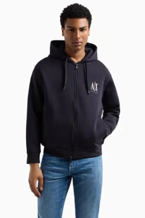 Armani Exchange Para homem. XM000371AF10818UB101 Sweatshirt com capuz e fecho de correr em algodão-poliéster laminado estirável azul-marinho