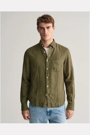 GANT Para homem. 3240120 Camisa de corte regular em linho verde tingido à mão (L), Casual, Manga comprida