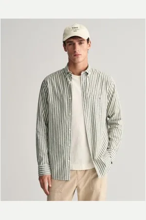 GANT Para homem. 3240060 Camisa às riscas verdes em linho e algodão de corte regular (4XL), Casual, Manga comprida