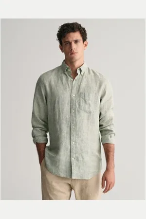GANT Para homem. 3240102 Camisa de linho de corte regular verde (S), Casual, Manga comprida