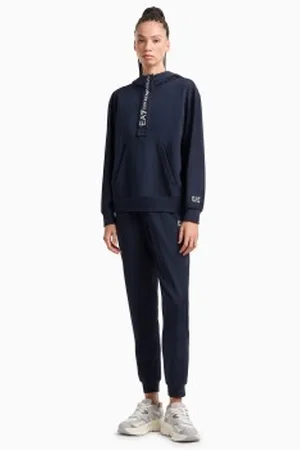 EA7 Para mulher. 7W000117_AF13135 Fato de treino em malha de algodão elástico com capuz azul-marinho (3XL), Casual, Esportivo, Multisport, M