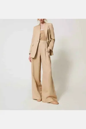 Twin-Set Para mulher. 251TE2143 Calças palazzo em linho (38), Casual, Lyocell