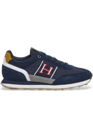 Hackett Para homem. HMS21452 Hendfor Patch sapatilhas de couro azul-marinho (40), Plano, Cordão, Casual