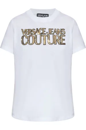 VERSACE Para mulher. 78HAHE02-CJ00E Logótipo da T-shirt institucional com cristais brancos (XS), Casual, Algodão, Manga curta