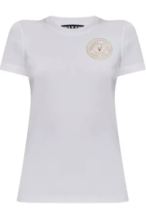 VERSACE Para mulher. 78HAHT00-CJ03T T-shirt V-Emblem Logo (XS), Casual, Algodão, Manga curta