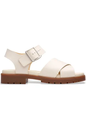 Clarks Para mulher. 26181350 Sandálias Orinoco Cross em pele branca e creme (36), Couro, , 1 a 3cm, Fivela, Casual