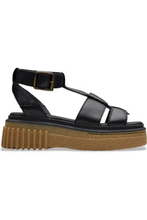 Clarks Para mulher. 26181203 Sandálias Evamar Sun em pele preta (36), Couro, Preto, 3 a 5cm, Fivela, Casual